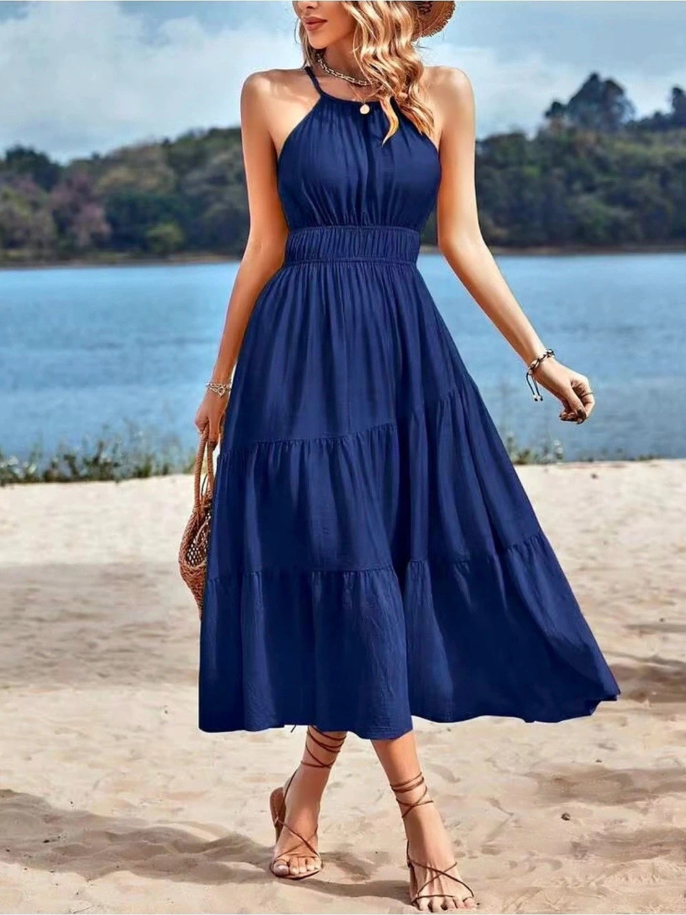 SHEIN VCAY Halter Neck Smocked Waist Tiered Hem Midi Dress Blue